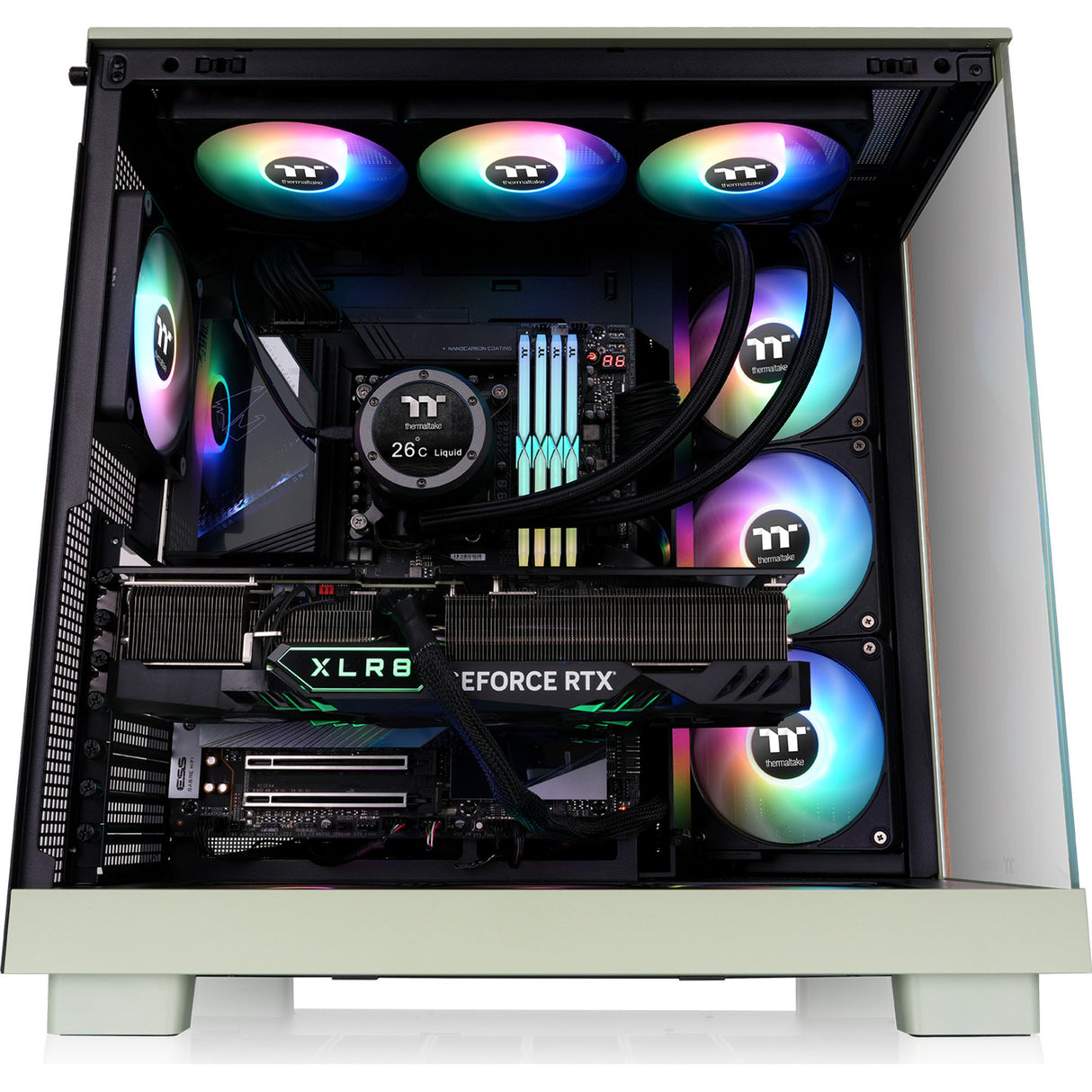 Thermaltake view 380 xl ws argb midi tower behuizing (lichtgroen houtkleur | 2x usb-a | 1x usb-c | rgb | tempered glass)