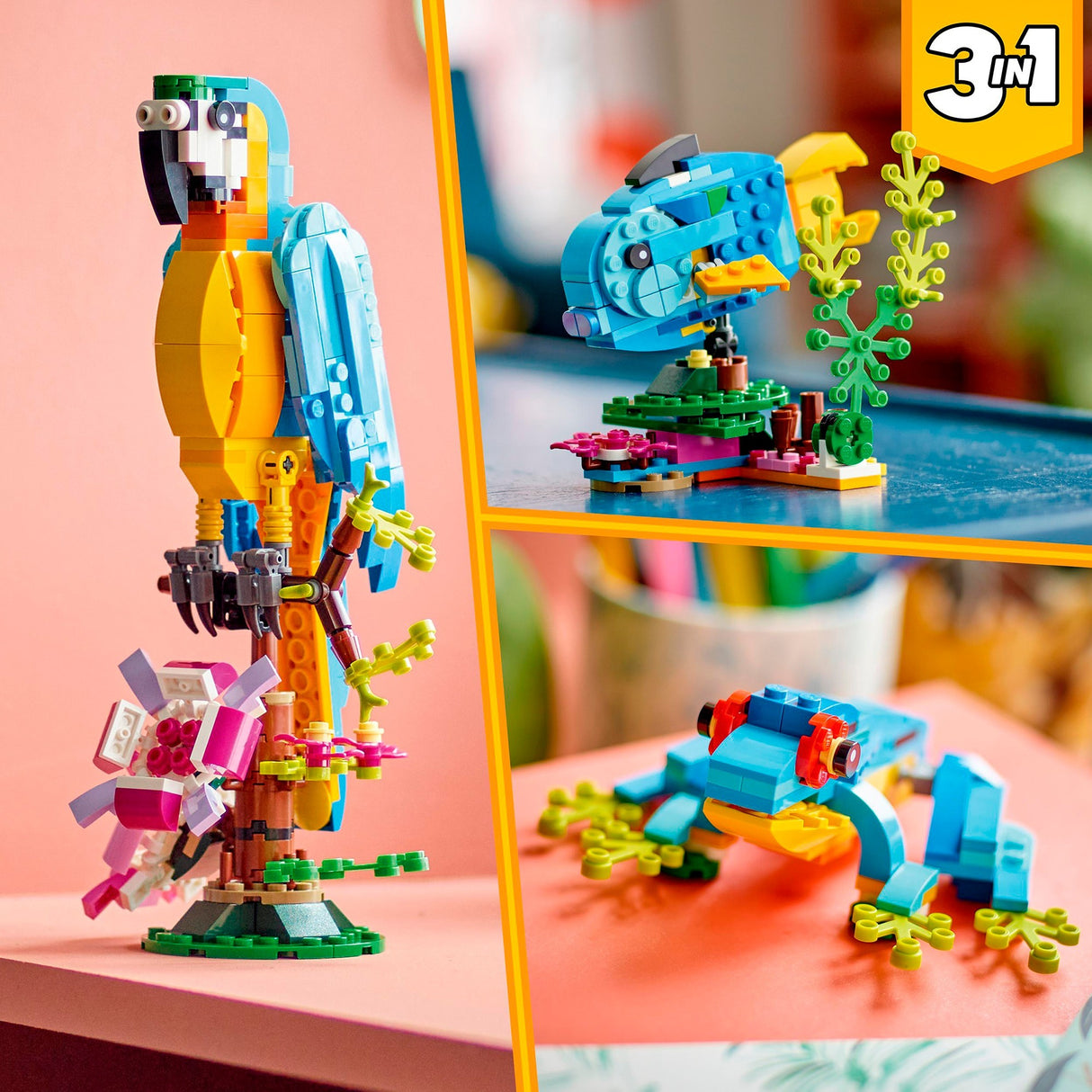 Lego Creator 3en1 perroquet exotique - grenouille - ensemble de jouets animaux poisson pour enfants - 31136