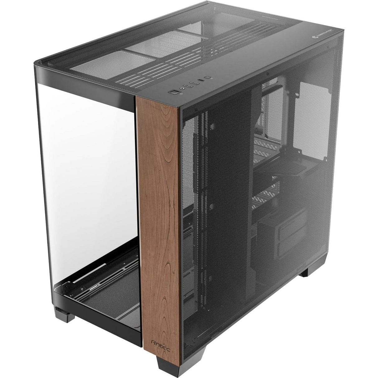 Boîtier tour midi en bois courbe Antec c8 (couleur bois noir | 2x USB-A | 1x USB-C | verre trempé)