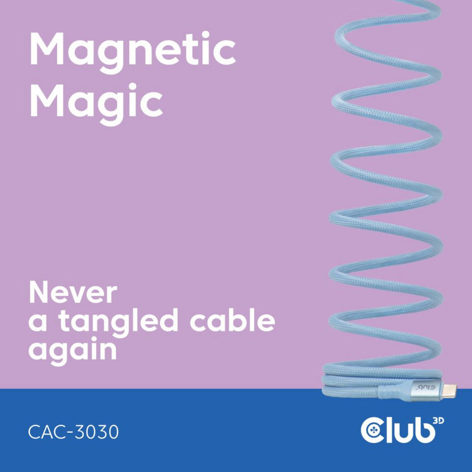 Bobine magnétique Club 3D USB-C 240 W PD3.1 câble bleu, câble de 2 mètres (bleu)