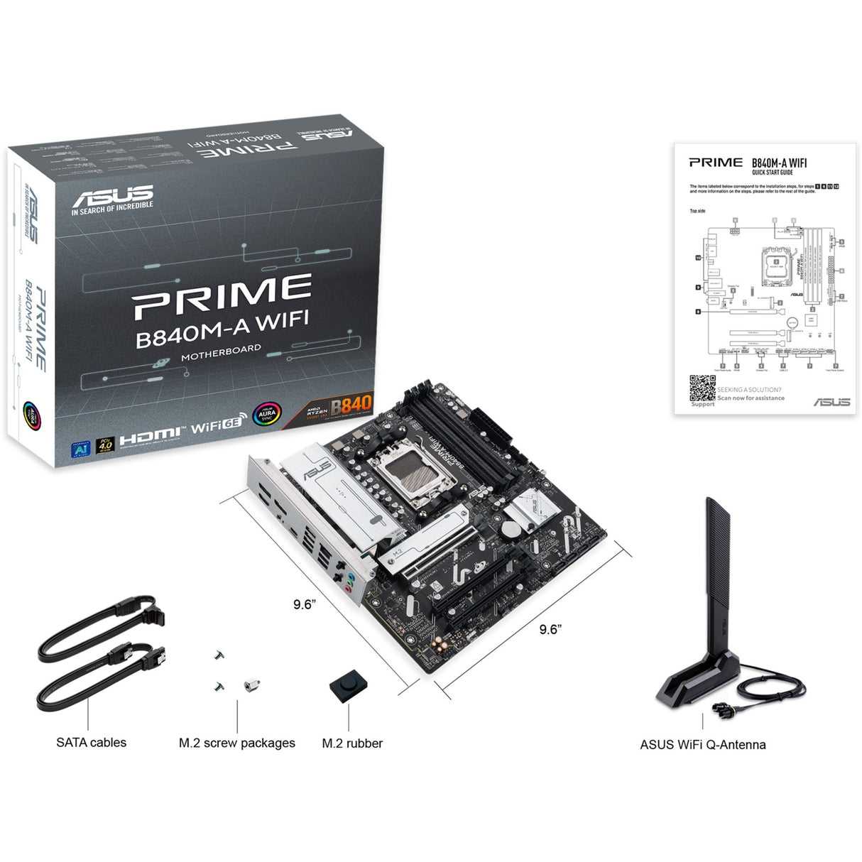 Carte mère Asus Prime B840m-A Wi-Fi Socket AM5 (2,5 Go-LAN, Wi-Fi 6e, BT, Son, µATX)