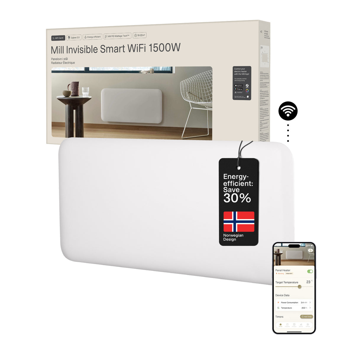 Panneau chauffant WiFi Mill Steel pa1500wifi4a, convecteur 1500 watts (blanc, WiFi 2,4 GHz (WiFi 6), Bluetooth 5.2, ZigBee 3.0 + application)