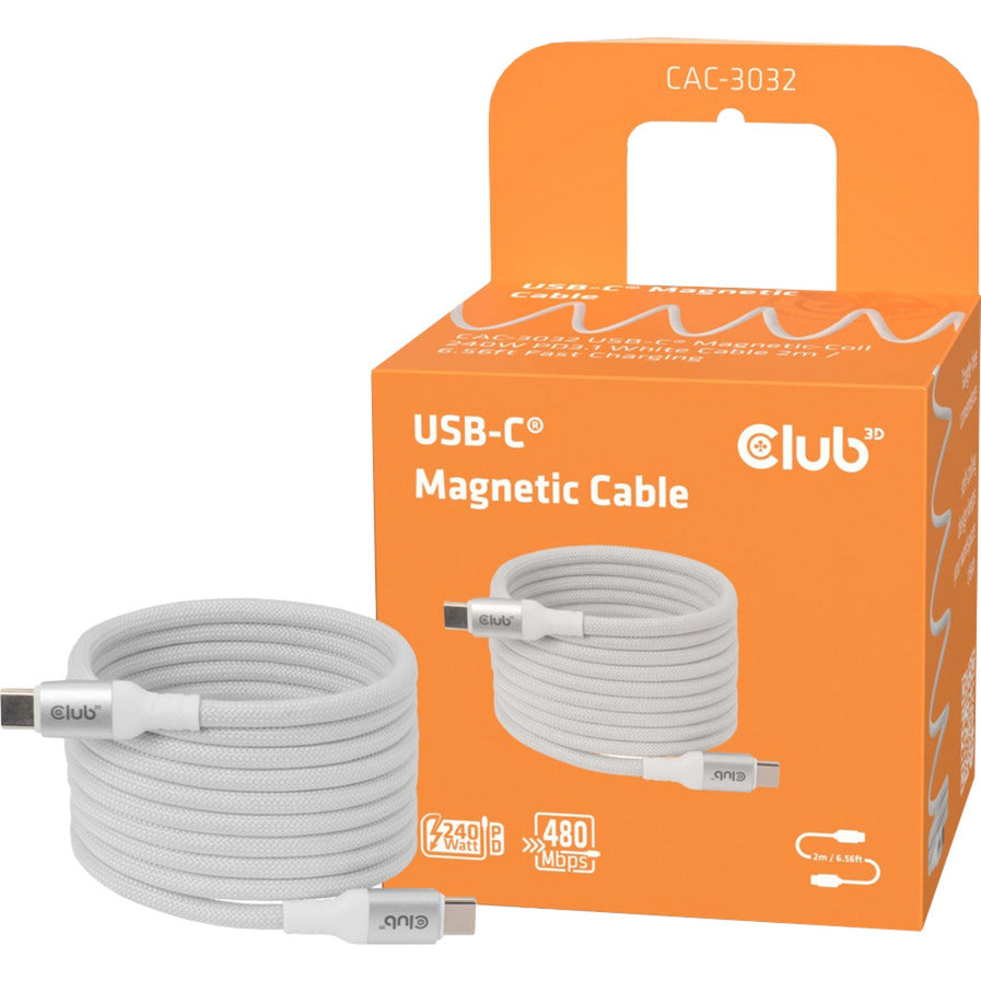 Bobine magnétique Club 3D USB-C 240 W PD3.1 câble blanc, câble de 2 mètres (blanc)