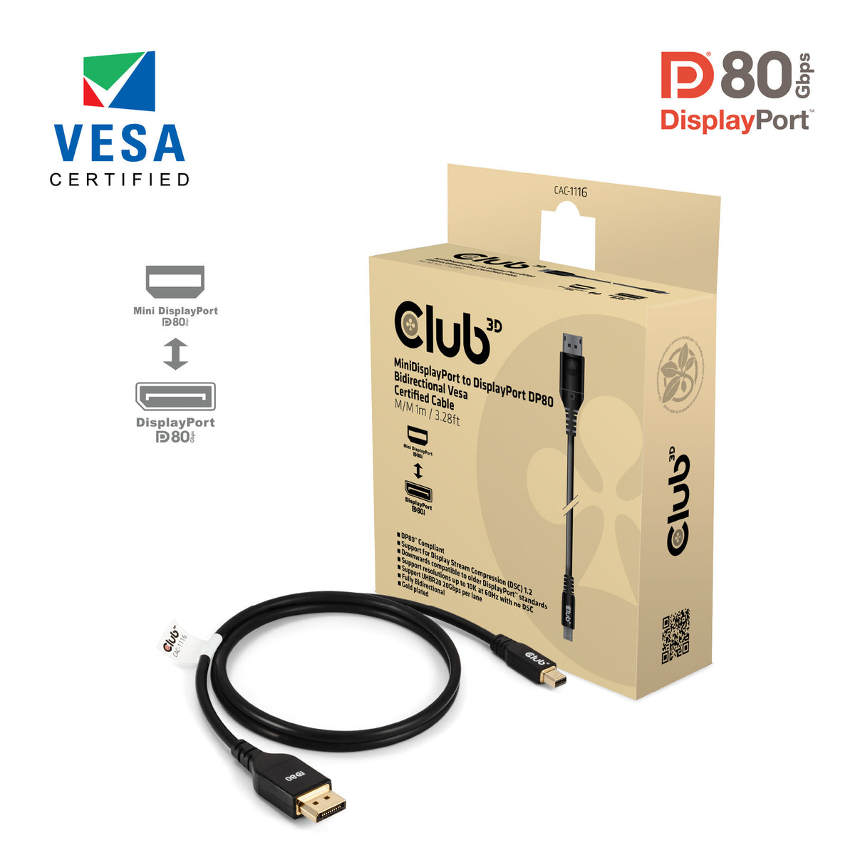 Adaptateur bidirectionnel Club 3D Mini DisplayPort vers DisplayPort DP80 (noir, 1 mètre, certifié Vesa)