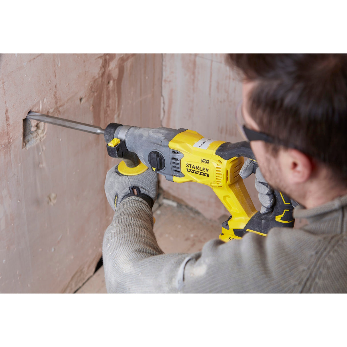 Stanley Fatmax V20 Kit combiné de perceuse à percussion sans fil sans balais 18 V (jaune noir, SDS+, 2 batteries et chargeur inclus, avec étui)