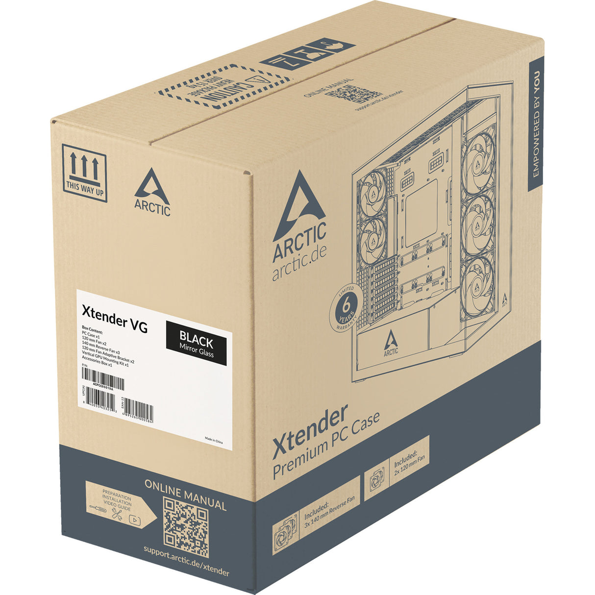 Boîtier tour midi Arctic xtender vg (noir | 2x USB-A | 1x USB-C | RVB | verre trempé)