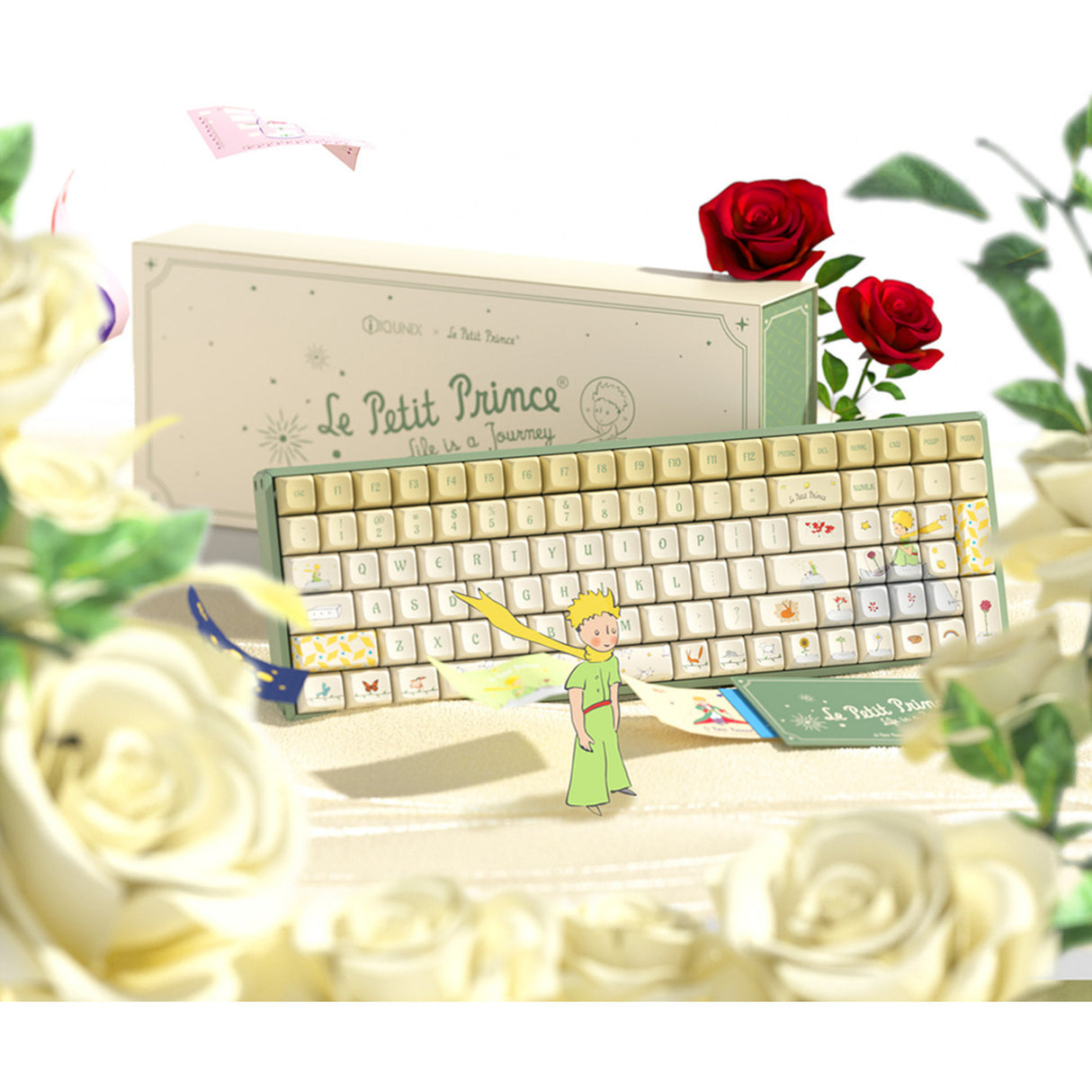 Clavier de jeu mécanique RVB Iqunix f97 floral date (vert, disposition américaine (qwerty), rouge gateron, 96 %, LED RVB, remplaçable à chaud, pbt, 2,4 GHz | Bluetooth 5.1 | USB-C)