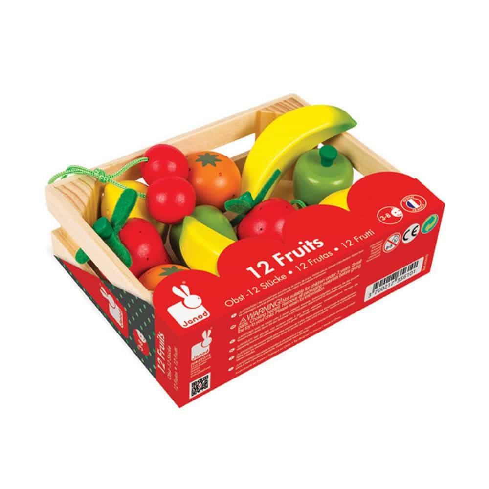 Mertex janod 12 morceaux de fruits en bois dans une caisse en bois