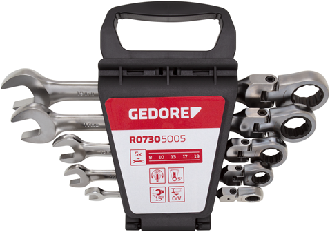 Gedore rouge r07305005 | jeu de clés polygonales à cliquet avec articulation du genou | 8 à 19 mm | 5 pièces - r07305005