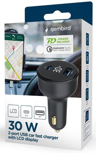 Chargeur de voiture Enzo Gembird USB + USB-C | 30w | noir | statut lcd - 9540114