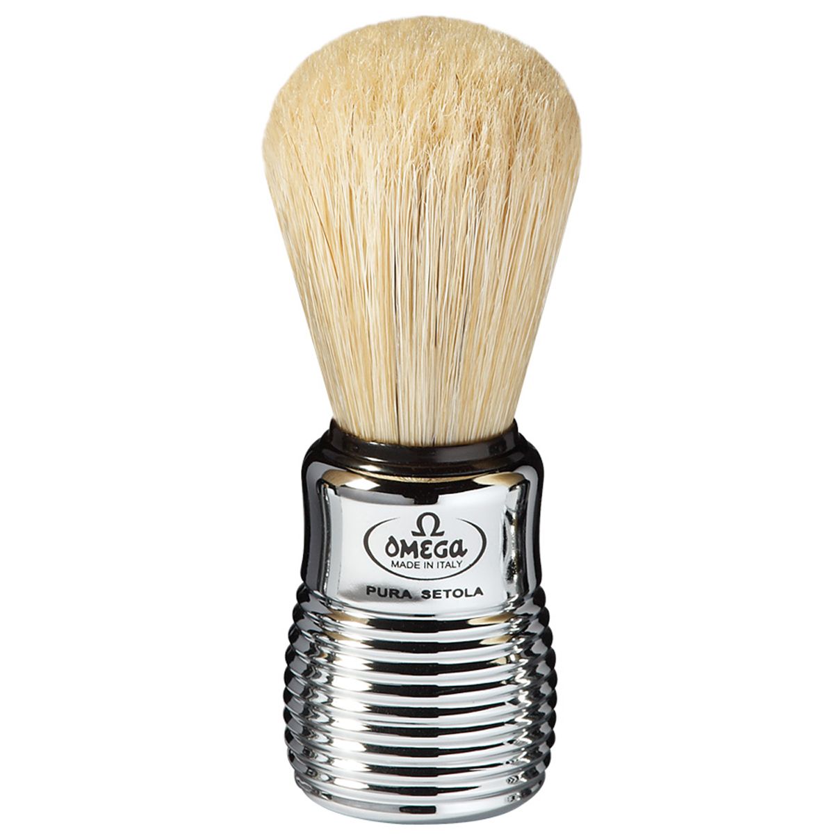 Blaireau Omega poils de porc manche nervuré chromé 11cm