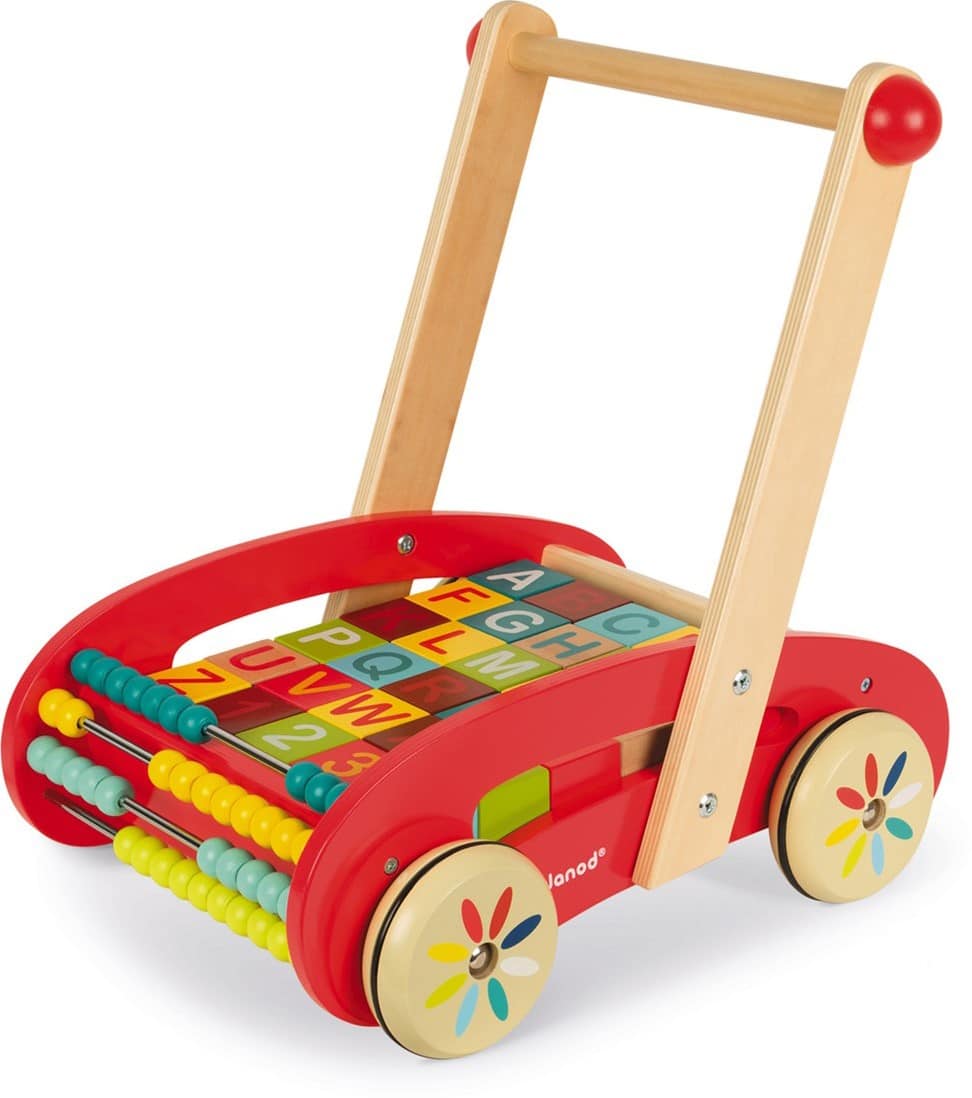 Mertex janod - chariot pousseur en bois avec blocs ABC et boulier