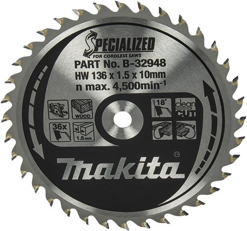 Accessoires Makita lame de scie circulaire makita pour bois | spécialisé : batterie | ø 136mm trou d'axe 10mm 36t - b-32948