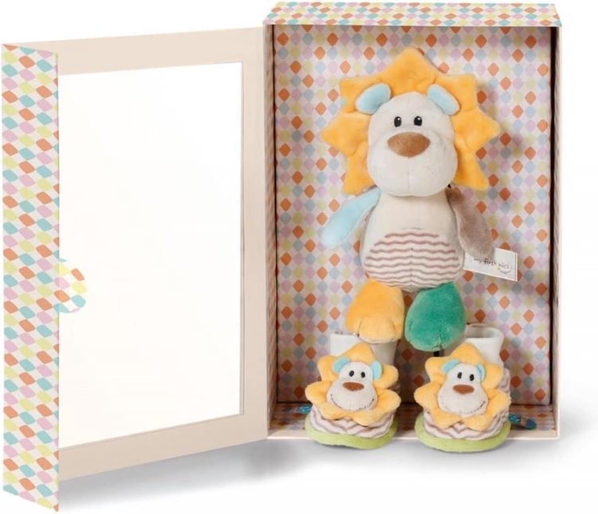 Lion en tissu Van der Doelen Nici avec des chaussures de bébé dans une boîte cadeau