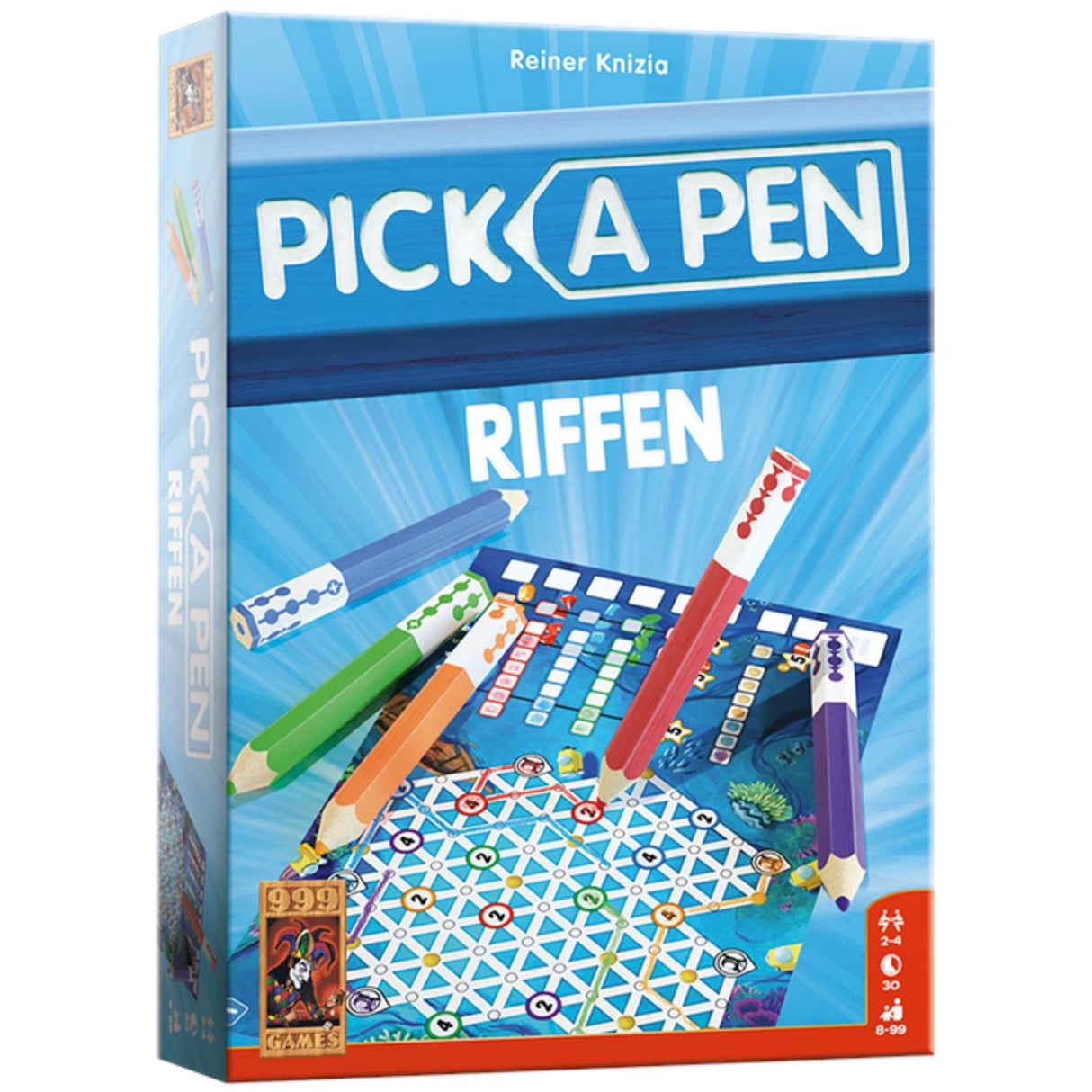 999games 999 jeux - pioche - riffing - jeu de dés - dés avec crayons - feuilles de pointage de 3 niveaux différents - jeu de société - jeu familial - petit cadeau - contient les règles du jeu en NL et EN