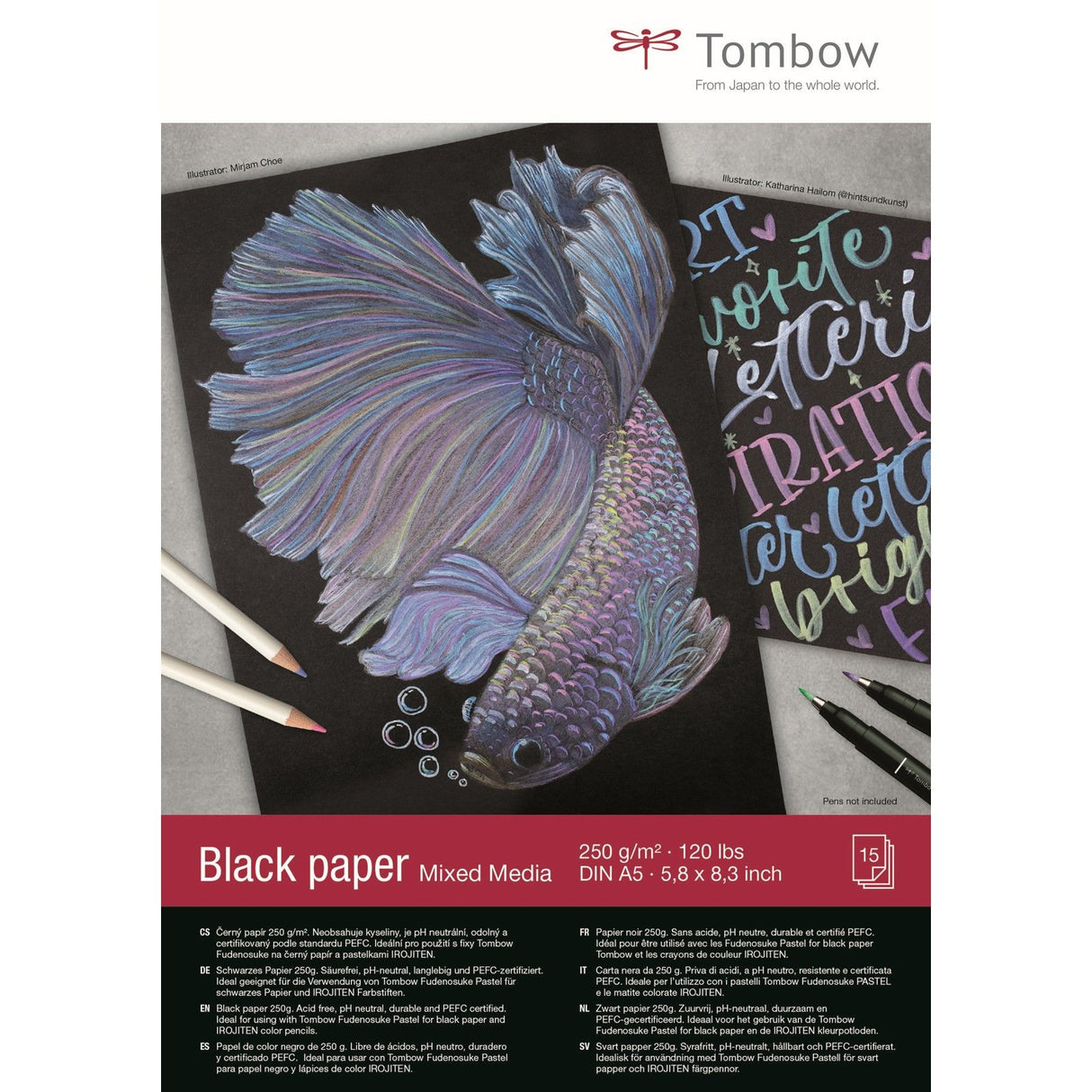 Tombow • papier noir din a5 (14,8 x 21 cm), 15 feuilles, 250 g m² (120 lbs), noir