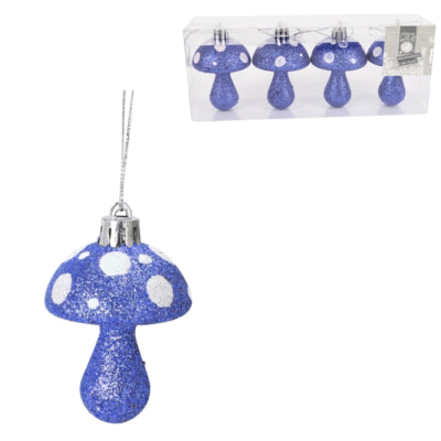 Pendentif de Noël champignon paillettes bleu 7 cm lot de 4 | 24 pièces