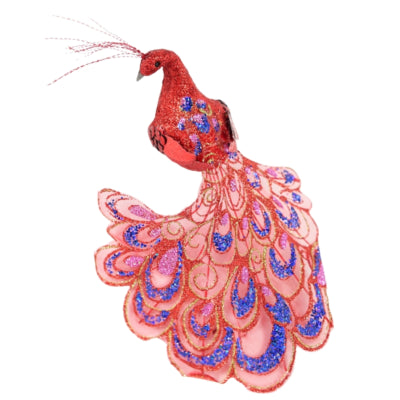 Paon sur pince paillettes rouge 18 cm | 12 pièces