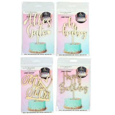 Cake topper bois 16 cm 4 assortis | 48 pièces
