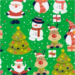 Papier cadeau Creativ company, Père Noël, sapin de Noël, cadeau de Noël, renne, bonhomme de neige et pingouin, l : 50 cm, 80 gr, vert, 5 m 1 rouleau