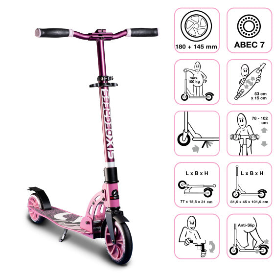 Six degrés à 2 roues Kinderstep pliable Feuille de pied rose noir