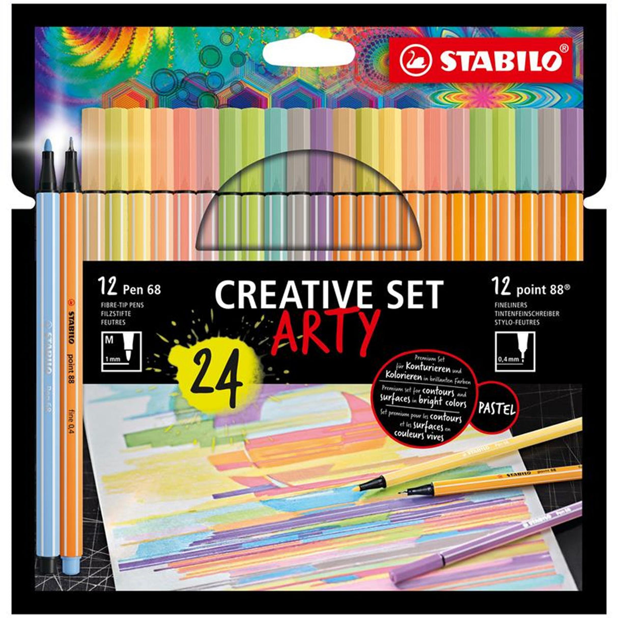 Stabilo arty creative set pen 68 points 88 trousse avec 24 couleurs, 12 feutres et 12 fineliners