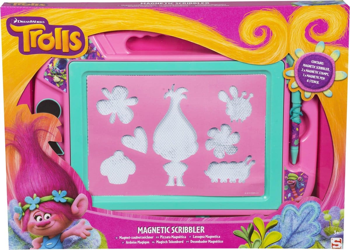Planche à dessin magique des trolls jouets Bongers, avec des modèles des trolls comme exemple