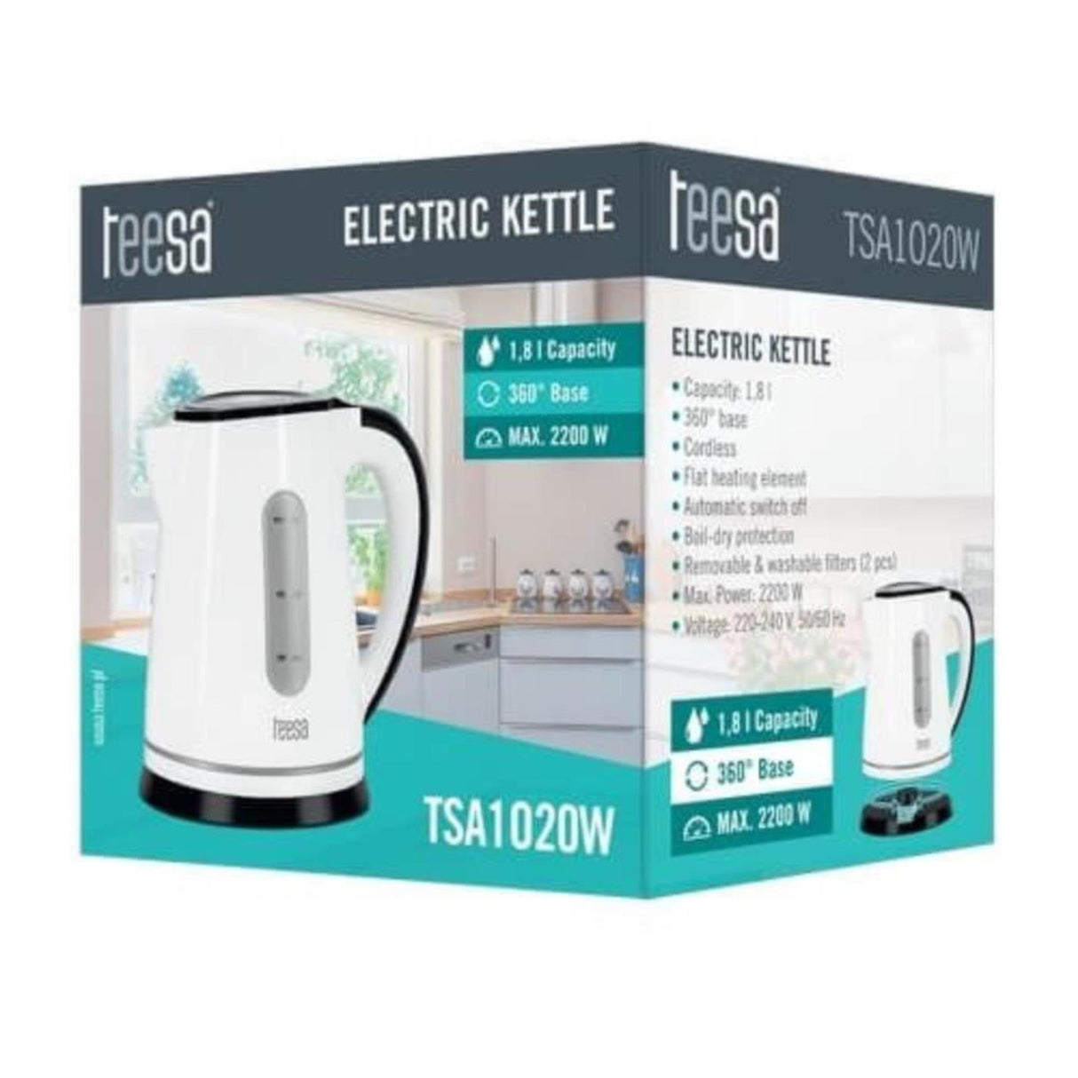 Bouilloire électrique Teesa, sans fil et silencieuse, 1,8l blanche