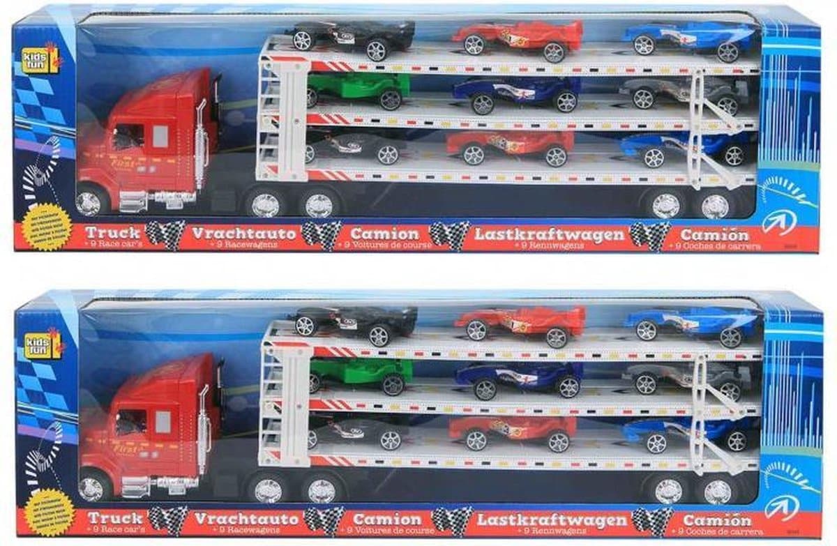Gros camion Jonotoys avec semi-remorque et 9 voitures de course dessus, 58 cm de long