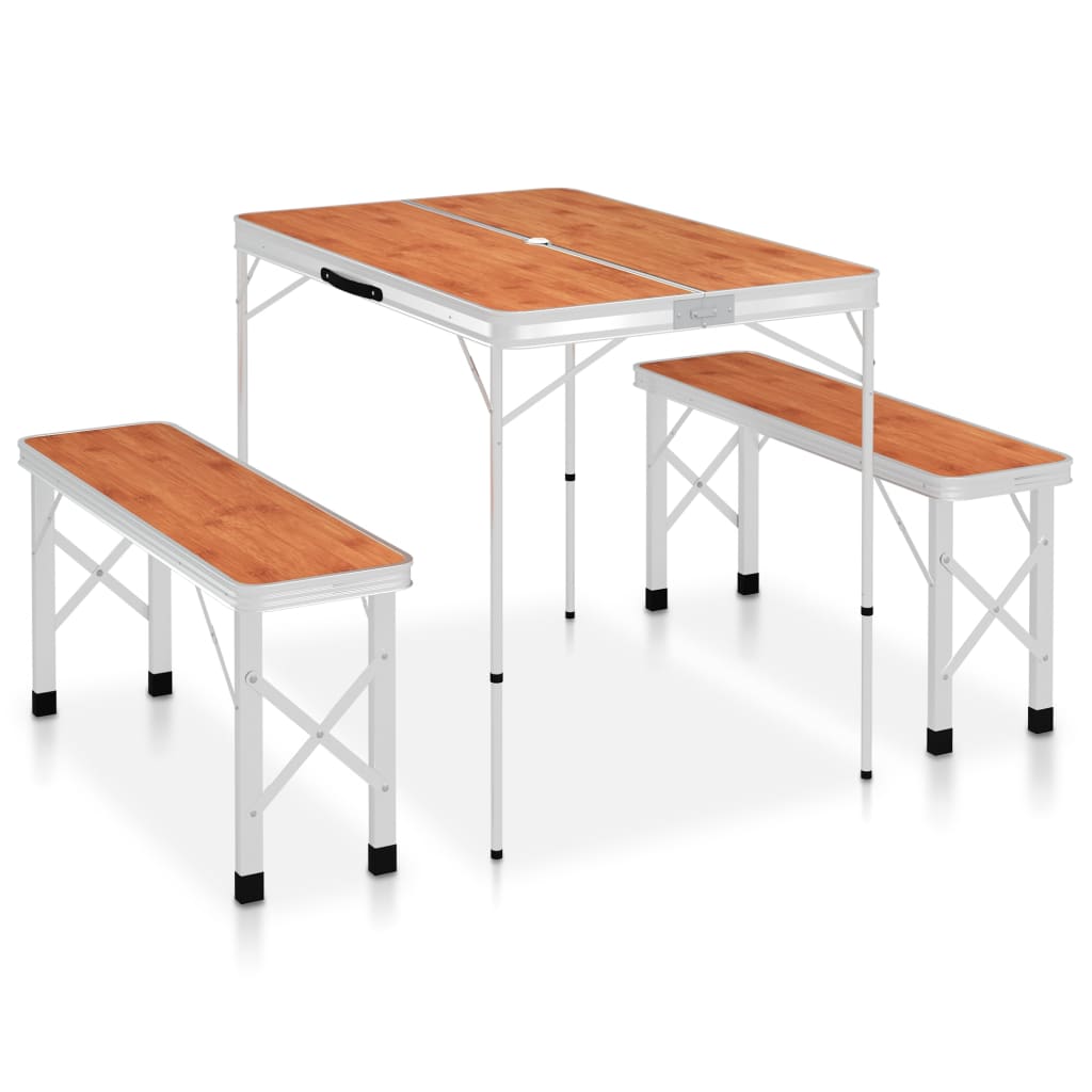 Table de camping vidaxl pliable avec 2 bancs en aluminium brun