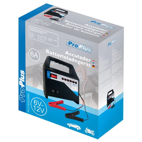 Chargeur de batterie Proplus 6 12 volts 6 ampères 20 + ah noir