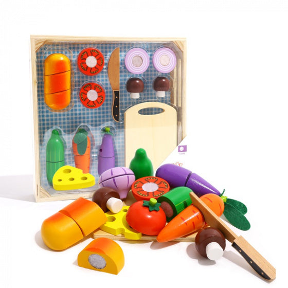 Cabinet à légumes en bois de jouet Toky avec légumes en coupe 20 pièces