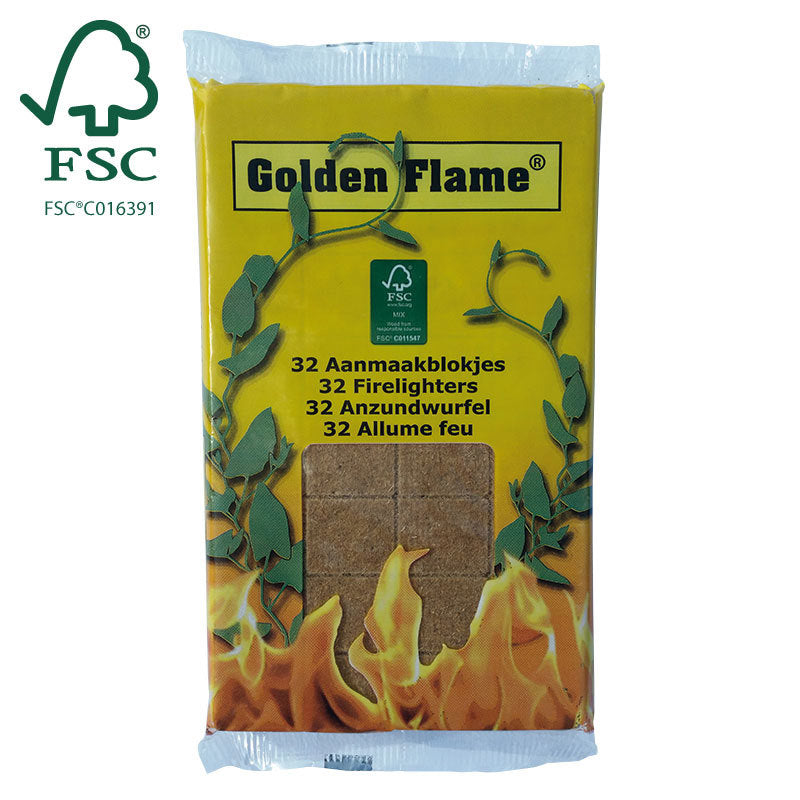 Allume-feu flamme dorée marron 32 pièces