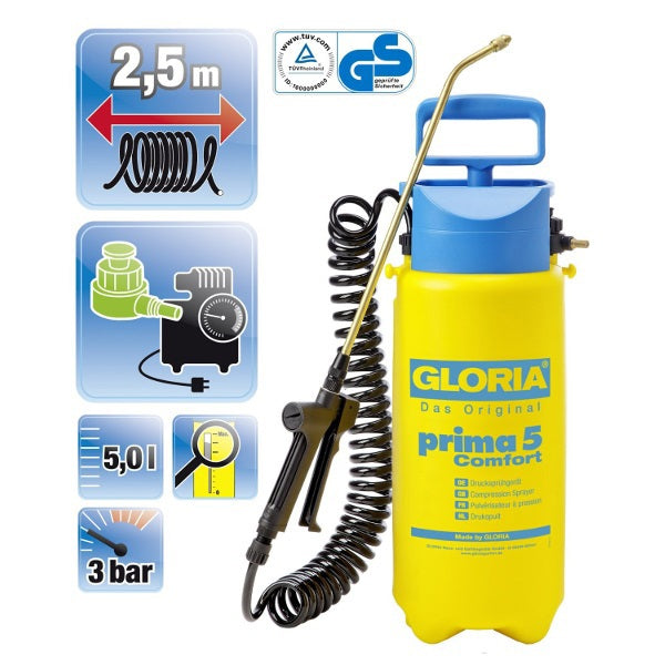 Gloria maison et jardin 000091.0000 prima 5 pulvérisateur à pression confort 5 l raccord compresseur, tuyau spiralé
