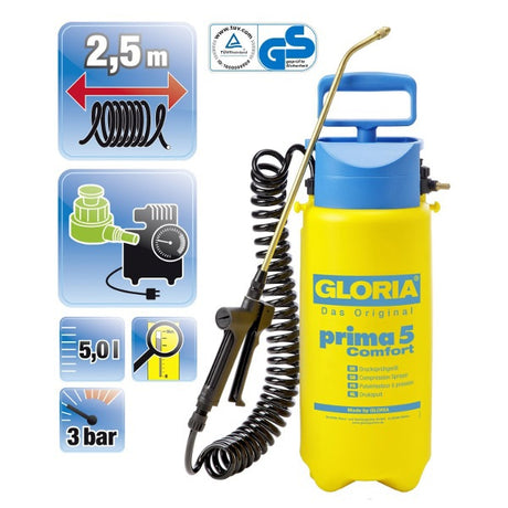 Gloria maison et jardin 000091.0000 prima 5 pulvérisateur à pression confort 5 l raccord compresseur, tuyau spiralé