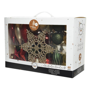 Set de boules de Noël incassables Decoris 59 boules assorties avec 1 pique vert sapin sang de bœuf perle or clair