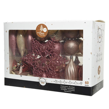 Ensemble de boules de Noël incassables Decoris, 59 boules assorties avec 1 pique. velours rose blush rose perle