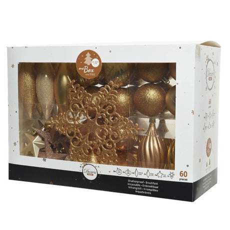 Set de boules de Noël incassables Decoris 59 boules assorties avec 1 pic caramel nacré doré clair