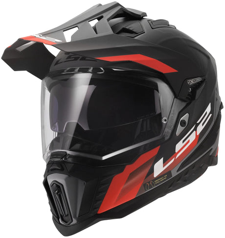 Casque enduro LS2 MX701 explorer hexa, visière solaire interne, visière anti-rayures et résistante aux UV avec mécanisme de verrouillage. casque mx701 explorer hexa noir mat rouge gris