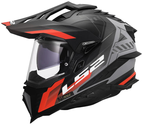 Casque enduro LS2 MX701 explorer hexa, visière solaire interne, visière anti-rayures et résistante aux UV avec mécanisme de verrouillage. casque mx701 explorer hexa noir mat rouge gris