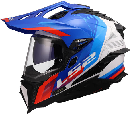 Casque enduro LS2 MX701 explorer hexa, visière solaire interne, visière anti-rayures et résistante aux UV avec mécanisme de verrouillage. casque mx701 explorer hexa blanc bleu rouge xxl