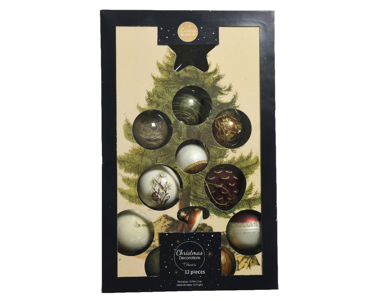 Decoris Boules de Noël en verre mélangé 12 pièces naturel