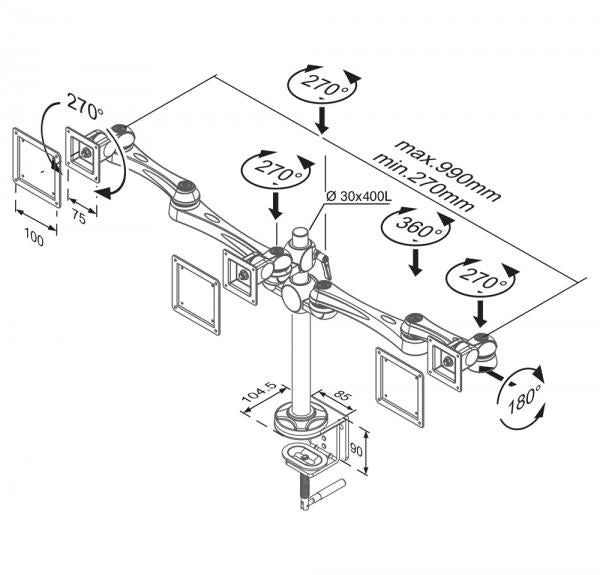 Neomounts fpma-d930d support de bureau double LCD LED TFT, 2x 10-30, 15 kg, 0-50 cm, 75x75, 100x