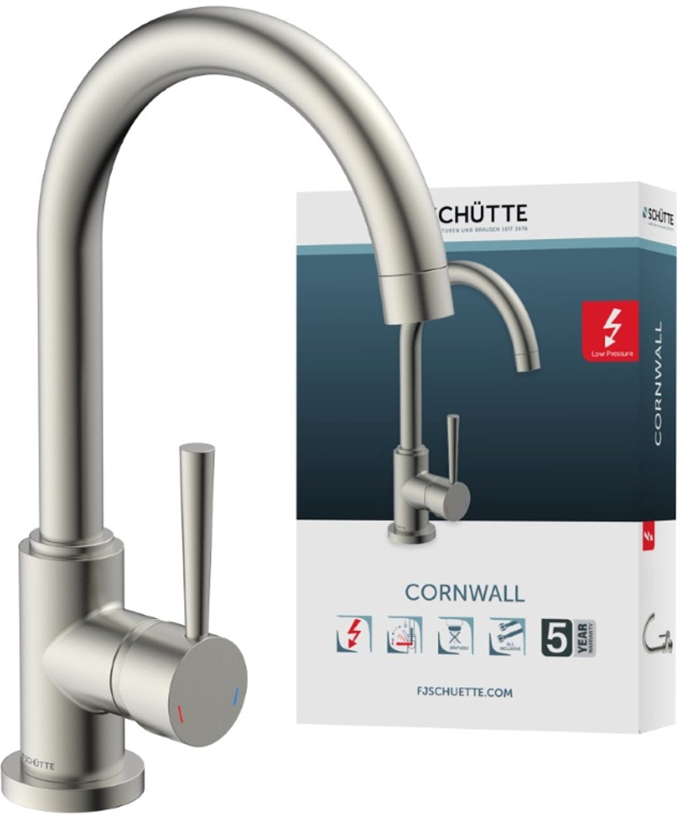 Mixer Schütte Eenknops avec bec rond Cornwall à basse pression en acier inoxydable