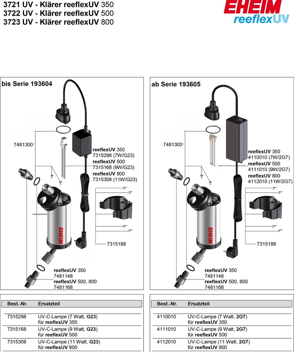 Lampe Eheim UV-C pour Reeflex UV 800 (jusqu'à la série 193604)