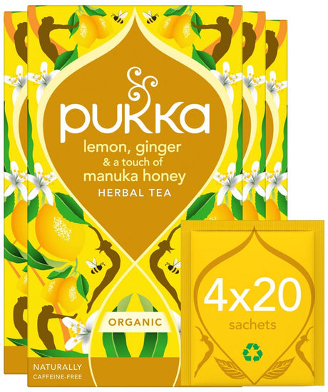 Thé Pukka Citron, Gingembre Miel de Manuka - 80 sachets de thé - Tisane bio Citron, Gingembre, Miel - 4 x 20 sachets - Pack économique de thé