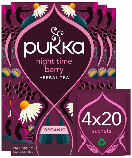 Pukka tea night time berry - 80 sachets de thé - tisane biologique - camomille, mûre, cassis - 4 x 20 sachets - pack économique de thé