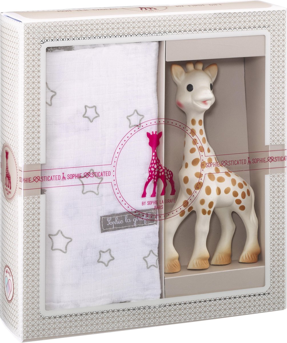 Coffret sophistiqué Sophie la girafe - jouets bébé - tissu hydrophile - cadeau maternité - cadeau baby shower - 4 pièces