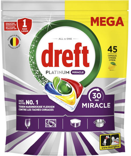 Tablettes pour lave-vaisselle tout-en-un Dreft Platinum Miracle - Miracle de 30 minutes - 45 pièces