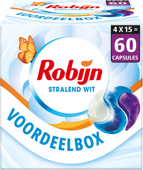 Robijn wasmiddel - 3-in-1 wascapsules - stralend wit - 4 x 15 stuks - 60 wasbeurten - voordeelverpakking